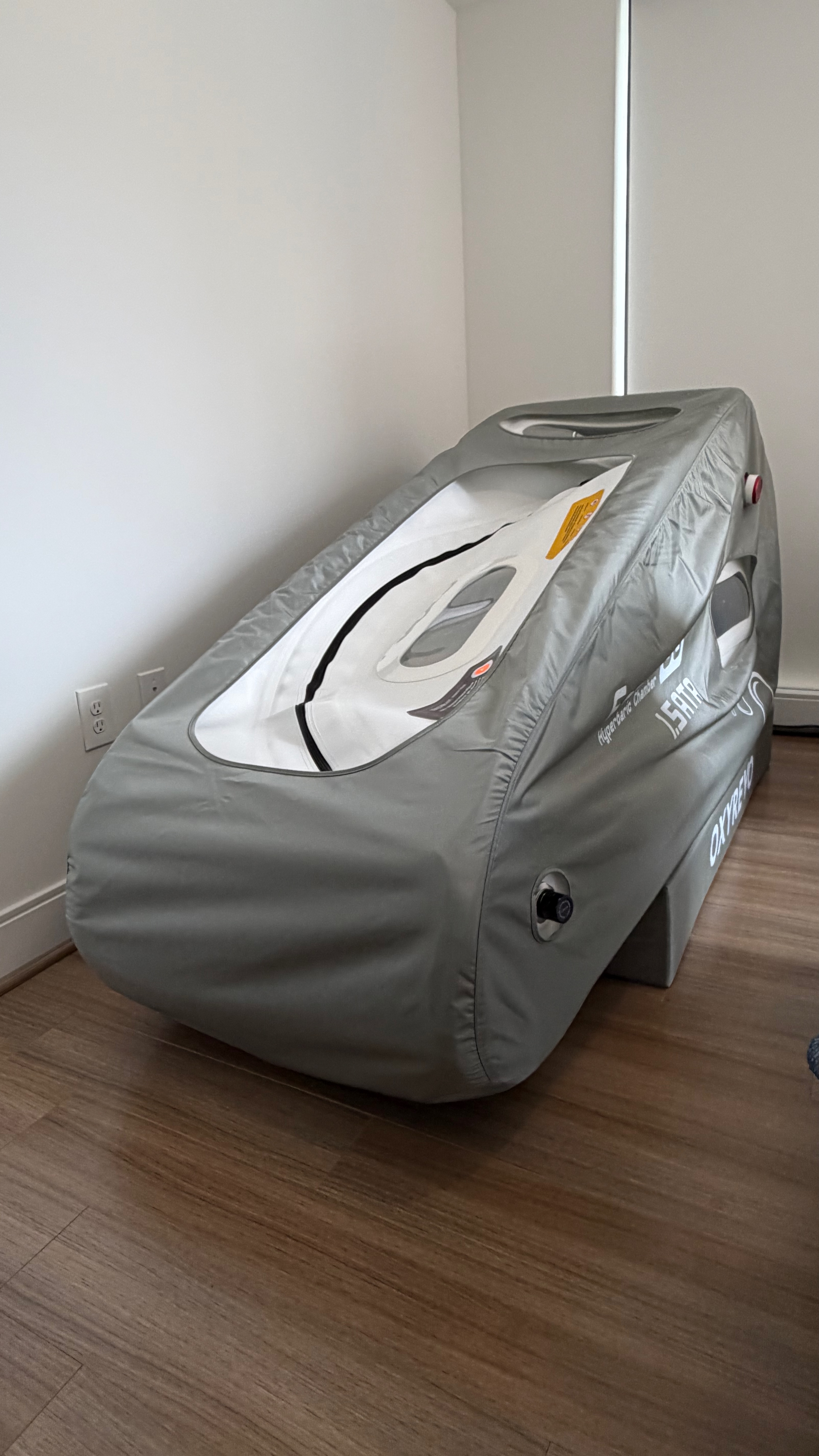 Used hyperbaric chamber Atlanta — OXYREVO Forward90 Pro for sale in Buckhead, Atlanta GA. Like-new sage green portable sitting hyperbaric oxygen chamber (1.4–1.5 ATA), 40 personal-use sessions, photographed in the original owner's Buckhead home — actual unit available for local pickup in the Atlanta metro area.