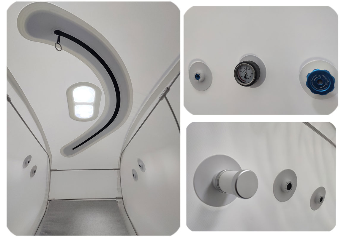 Used hyperbaric chamber Atlanta — close-up interior details of the OXYREVO Forward90 Pro: dual pressure gauge, oxygen-feed and pressure-relief valves, multi-layered viewing window and overhead curved LED light. Inside the actual unit for sale in Buckhead, Atlanta GA.